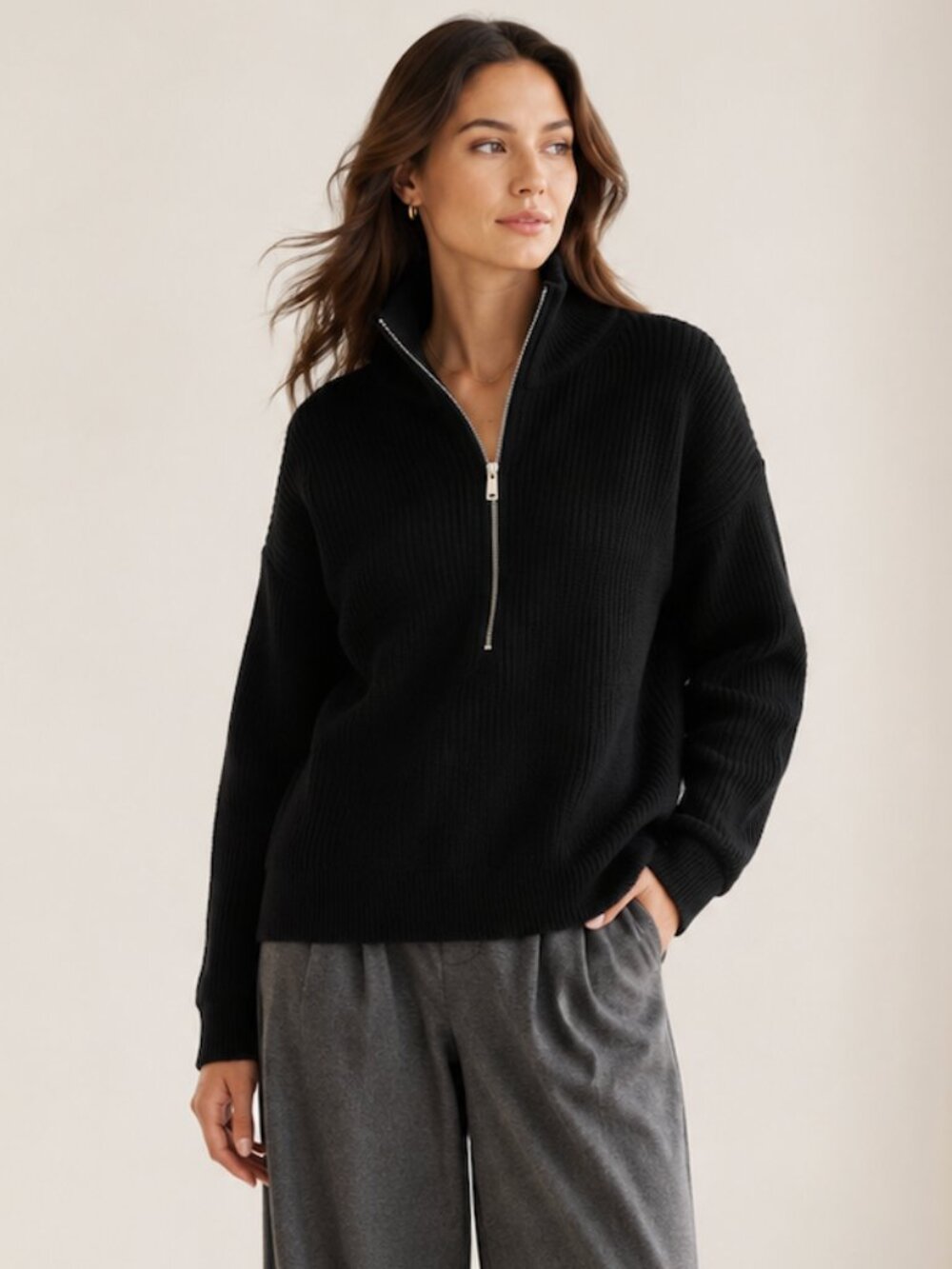 Quince Australian Merino Wool Half Zip Sweater Black Ribbed Size XL